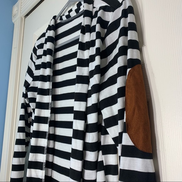 Merryfun Elbow Patch Striped Black White Cardigan Sweater - Picture 4 of 7